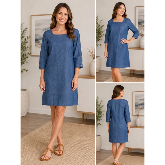 Talbots Dresses & Skirts - Talbots Petite Womens Blue Cotton Denim Square Neck Button Sleeve Dress 6P